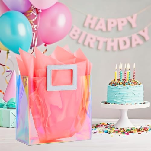 VUOJUR 8.3'' Holographic Small Gift Bag with Tissue Paper Reusable Birthday Gift Bag for Girls Women Iridescent Bacheloret...