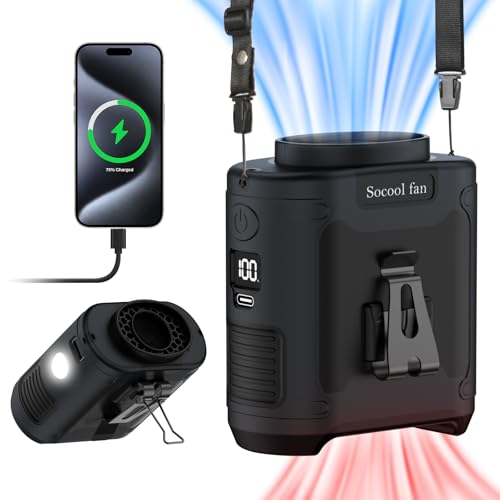 Socool 10000mAh Portable Waist Fan Clip on Wearable Belt Personal Fan Rechargeable Battery operated With 5 Speeds & Flashl...