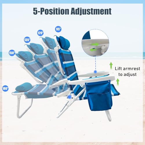 WTVIDAS Beach Chair 2 Pack, 5 Positions Textilene Folding Reclining Beach Chair with Backpack Straps, Cooler Bag & Cup Hol...