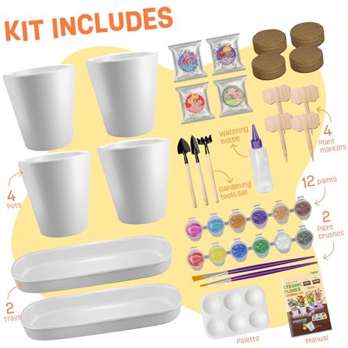 4 Set Paint & Plant Flower Gardening Kit - Gifts for Girls Ages 8-12, Arts and Crafts for Kids Ages 8-12, Kids Gardening S...