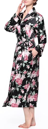 Lavenderi Women's Satin Kimono Robe - Long Classic Satin Lounge Bathrobe