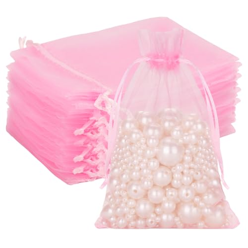 G2PLUS 25PCS Pink Drawstring Organza Bags 5x7 inches, Sheer Mesh Jewelry Pouches, Organza Gift Bags for Candy, Jewelry, We...