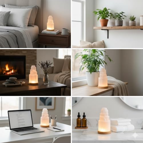 Salt Range Selenite Crystal Lamp 20cm with Wooden Base, USB Powered Natural White Selenite Stone Night Light for Bedroom, ...