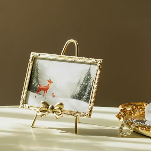 Synovana Gold Alloy Picture Frame – 4x6 Picture Frame with Bow Accent, Golden Picture Frames for Wedding, Anniversary, Tab...
