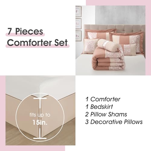 LANCO MODERN LIFESTYLE 7 Piece King Size Comforter Set, Blush, Elegant Floral Jacquard, Stylish and Cozy Bedding Collectio...