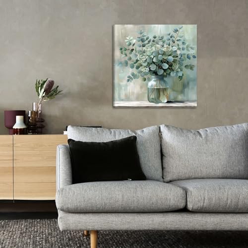 FWAHREN Botanical Eucalyptus Canvas Wall Art, Framed Sage Green Plant Prints Artwork, Farmhouse Wild Flower Pictures, Larg...
