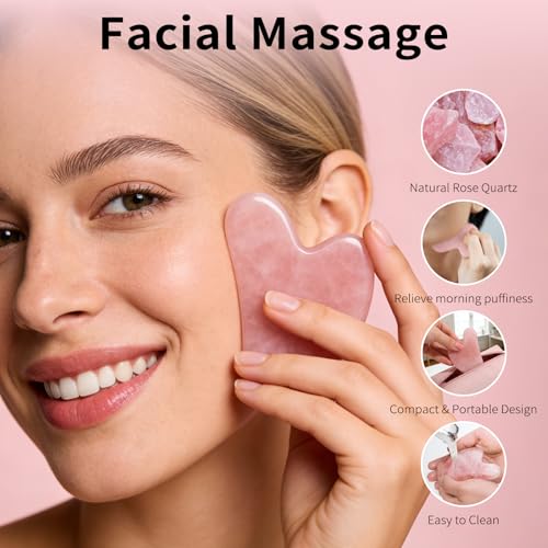 huefull Rose Quartz Gua Sha Tool for Face & Body, Natural Facial Massage Tool, Self-Care Beauty Gifts for Women & Men