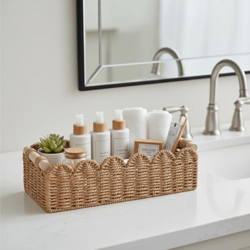 CubesLand Paper Rope Scalloped Edge Toilet Paper Storage Basket, Small Living Room, Bedroom Decor Baskets for Over Toilet ...
