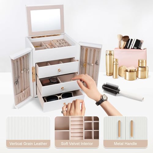 Dajasan Large Jewelry Box for Women, Jewelry Holder Organizer Box with 3 Drawers, 4-Tier Jewelry Storage Organizer with Mi...