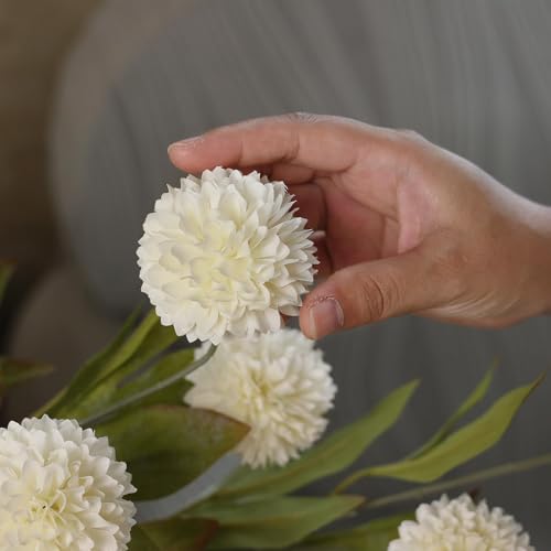VIERENA 6 Pcs Faux Silk Pompon Mum Artificial Flowers for Vase -27", Bulk Fake Chrysanth Branches with Stems for DIY Bouqu...