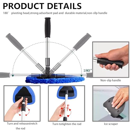 Car Windshield Cleaning Tools, Expandable Car Window Cleaner kit with 4 Reusable Microfiber Pads, 2 Spray Bottles, Windshi...