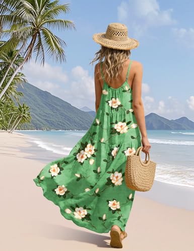 YESNO Summer Bohemian Floral Dresses for Women Spaghetti Straps Maxi Dress Casual Flowy Dresses with Pockets ES0