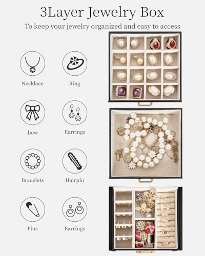 TORIBIO Jewelry Box for Women, Leather Jewelry Organizer with Mirror & Lock, 3-Tier Jewelry Storage Organizer with 2 Drawe...