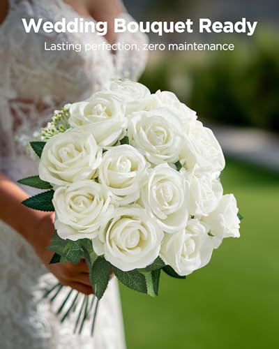 InnoGear 50 Pcs White Roses Artificial Flowers, Fake Velvet Silk Rose Bulk Faux Flower for Mother's Gift Decoration DIY We...