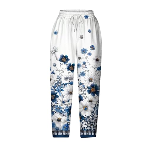 bawilom Hawaii Capri Pants for Women Casual Tropical Floral Print Pants Elastic High Waist Drawstring Summer Beach Trousers