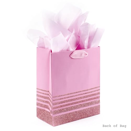 Hallmark 9" Medium Gift Bag with Tissue Paper (Pink Glitter Stripes) for Valentines Day, Birthdays, Baby Showers, Bridal S...