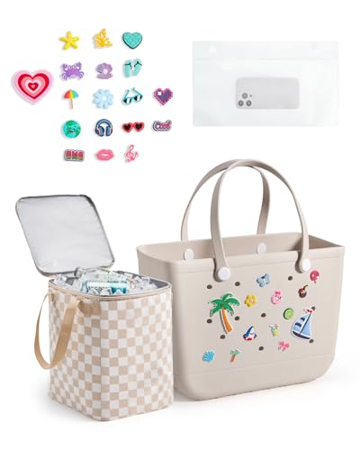 BAGSMART Large Beach Bag for Women with Cooler, Rubber Tote Bag with Charms, Waterproof Vacation Essentials for Swim Pool