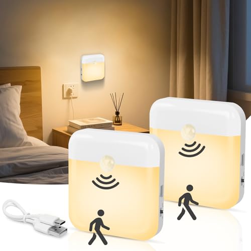 QIHANS 2 Pack Motion Sensor Night Light, Rechargeable Battery Night Lights Warm White, Portable Mini Motion Activated Nigh...