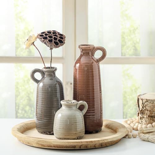 Ceramic Vases Set of 3, Neutral Rustic Farmhouse Vase with Handle, Decorative Flower Vases Home Decor Modern Boho Pampass ...
