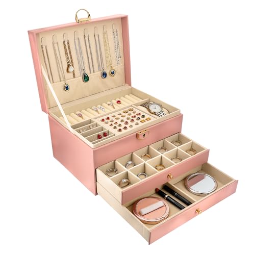 SRYTCYDA SRTCYDA Jewelry Box for Women, Large PU Leather jewelry organizers and storage, 3-Layer Jewelry Storage with 2 Dr...