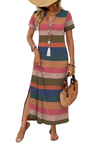 OFEEFAN Summer Dresses for Women 2026 Maxi Dress Short Sleeve Sundresses with Pockets Beach Vacation Spring Outfits