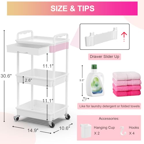 Goovilla 3 Tier Rolling Utility Cart Organizer with Removable Drawer, Stable and Sturdy White Rolling Storage Carts with 2...