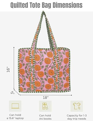 Third Eye Export 100% Cotton Quilted Tote Bag For Women 18x16– Large Zipper Reusable Beach Bag & Travel Bag Purse