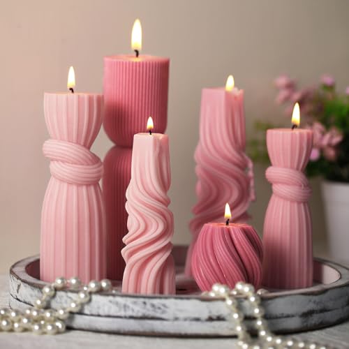 Threlaco 6 Pcs Pink Pillar Candles Decorative Modern Aesthetic Ribbed Candle Set Cute Soy Wax Scented Ribbed Decor Valenti...