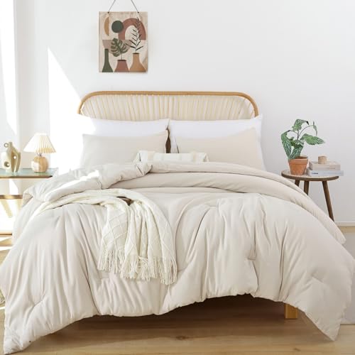 ROSGONIA Beige Comforter Set Queen, 3pcs (1 Boho Beige Comforter & 2 Pillowcases), All Season Bedding Lightweight Soft Bed...