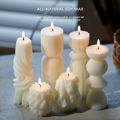6 Pcs Small Handmade Ribbed Pillar Candle Set, Soy Wax Modern Home Decor for Living Room Bedroom, Aesthetic Table & Shelf ...
