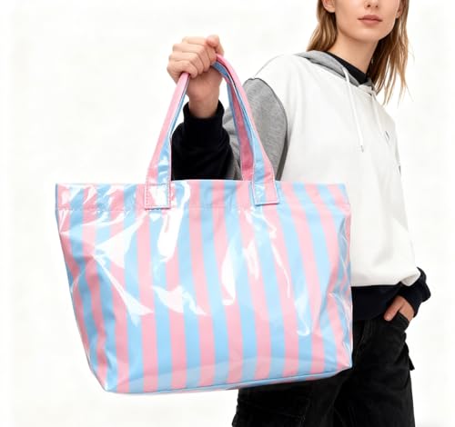 Hibilog Women’s Waterproof PVC Tote Bag for Women, Large Stripe Plastic Top Handle Oversize Hobo Bag for Travel Work Shopper