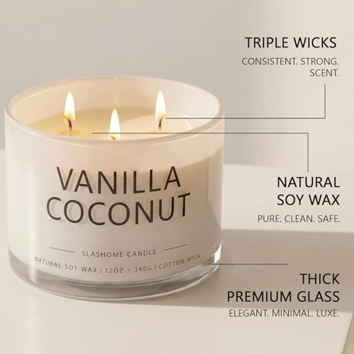 Vanilla Coconut Scented Candle, Luxury Large 3 Wick Soy Candle 12 Oz, 60+ Hour Long Lasting Clean Burn, Elegant Aromathera...