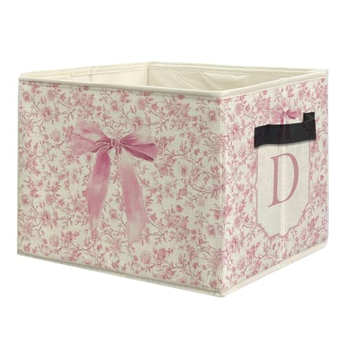 uinwk Personalized Coquette Pink Bow Floral Monogram Storage Bins, Custom Pink Collapsible Storage Box Laundry Basket with...