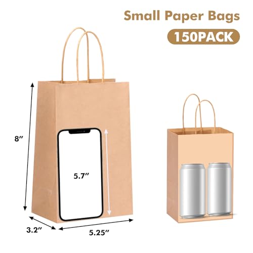 OUTUXED 150pcs Brown Paper Gift Bags, 5.25x3.2x8in Small Paper Bags with Handles Bulk for Shopping, Birthday, Wedding, Mer...