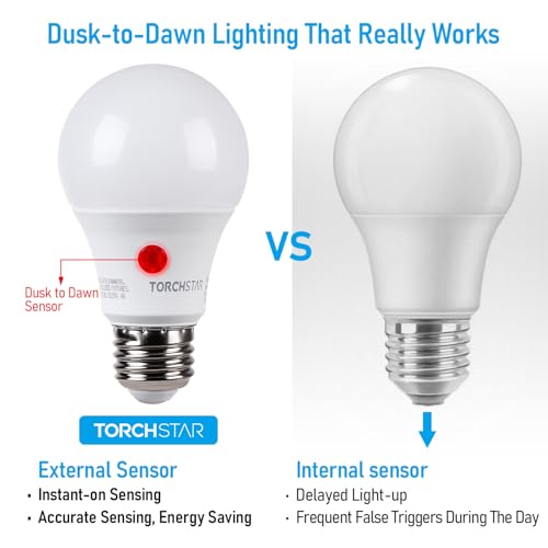 TORCHSTAR Dusk to Dawn Light Bulbs Outdoor, Sensor A19 LED Light Bulb, Auto on/Off Photocell Automatic for Outdoor Lightin...