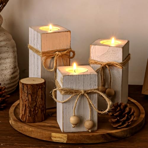 MelonBoat Rustic Flameless LED Candles 3-Pack, Battery Operated Candles with Wooden Candle Holders, White Rustic Farmhouse...