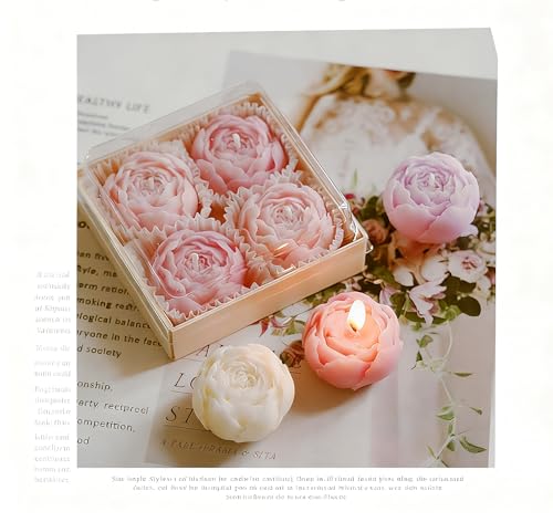 Rose Flower Shape Scented Candle,4 Pack Realistic Pink Rose Design,Plant-Based Natural Soy Wax Essential Oil Aroma Decorat...
