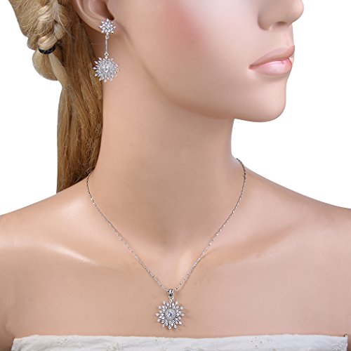 EVER FAITH Snowflake Jewelry Set White Cubic Zirconia Winter Party Prom 925 Sterling Silver Post Snow Flower Pendant Neckl...