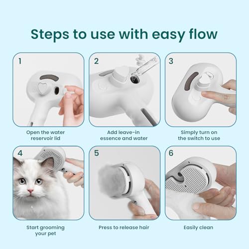 3 In 1 Steam Grooming Brush for Cats & Dogs, USB Rechargeable Hair Removal Comb with Spray Mist, Includes 200 ml Shampoo f...