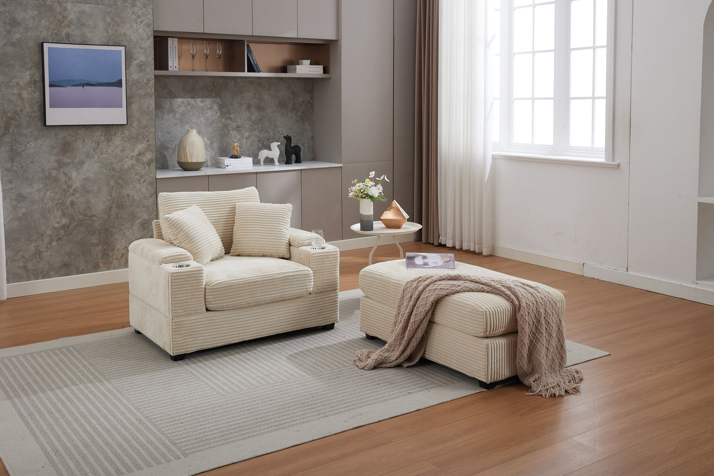 VIDEO New Corduroy Upholstered Chaise Lounge Sofa With Handrail Storage ,Movable Ottoman,Cupholders,Detachable Cushions Deep Seat For Living Room Office,3 Colour