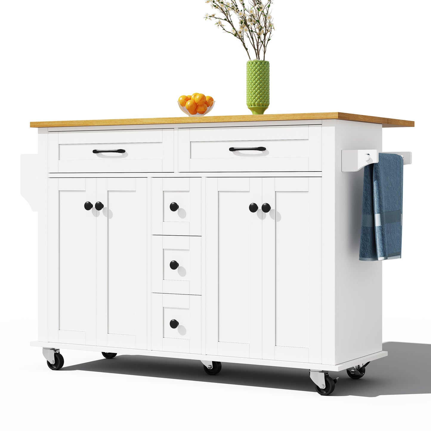 Multifunctional Kitchen Trolley With Fold-out Worktop, 120x65 Cm Expandable, With 5 Drawers, Cabinets, Spice & Towel Rack, On Castors  Kitchen Island For Kitchen, Dining Room & Living Room