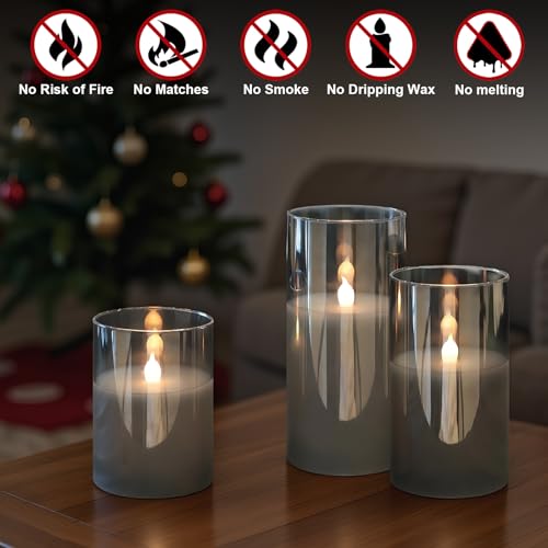 GenSwin Gray Glass Battery Operated Flameless Led Candles with 10-Key Remote and Timer, Real Wax Candles Warm White Flicke...