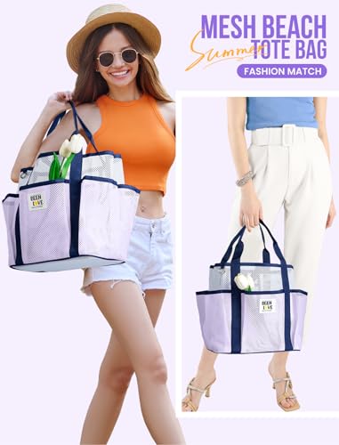 nemeki Mesh Beach Bag for Women Small Beach Tote Bag Sandproof Foldable Swim Pool Bag with 8 Pockets for Travel