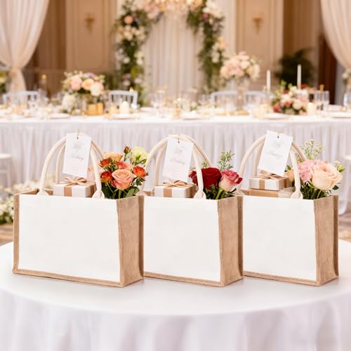 SOUJOY 6 Pack Burlap Tote Bags, Reusable Jute Gift Bags with Handles, Water Resistant Beach Bag, 14.7" x 9.8" x 4.5" Canva...