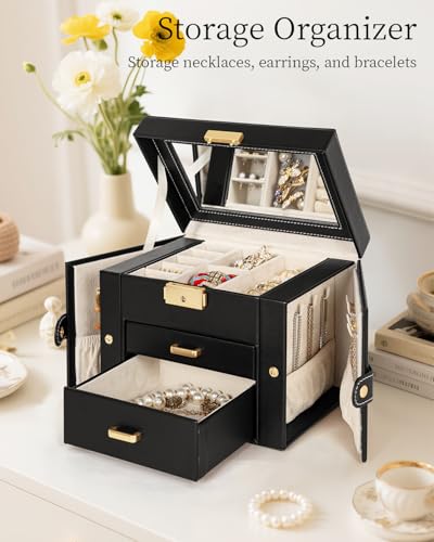 TORIBIO Jewelry Box for Women, Leather Jewelry Organizer with Mirror & Lock, 3-Tier Jewelry Storage Organizer with 2 Drawe...