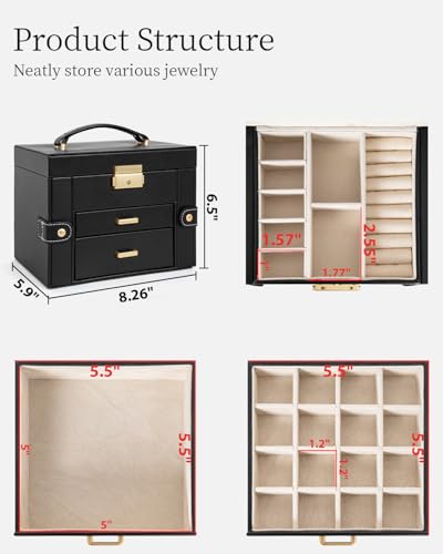 TORIBIO Jewelry Box for Women, Leather Jewelry Organizer with Mirror & Lock, 3-Tier Jewelry Storage Organizer with 2 Drawe...
