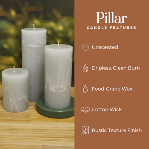Simply Soson Grey Rustic Texture Pillar Candles 3x3 inch - Set of 3 - Unscented Decorative Grey Candles, No Drip, Ideal fo...