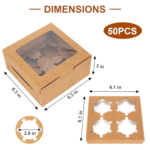 OAMCEG 50 PCS Cupcake Boxes with Window, 6x6x3 Inch Cookie Boxes, Brown Bakery Containers for Pastry, Dessert, Chocolate S...