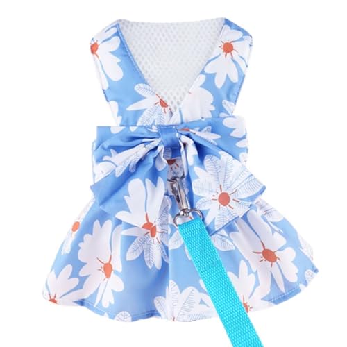 Small Dog Harness Dress Bow Female Dog Clothes Print Flower Girl Dog Harness Dresses Puppy Outfits with Leash Set Summer C...