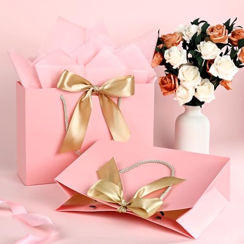 JMANNI Pink Gift Bags with Handles, 13” Medium Gift Bag for Presents, 1 Pcs Bags with 2 Tissue Paper and 1 Cards for Baby ...
